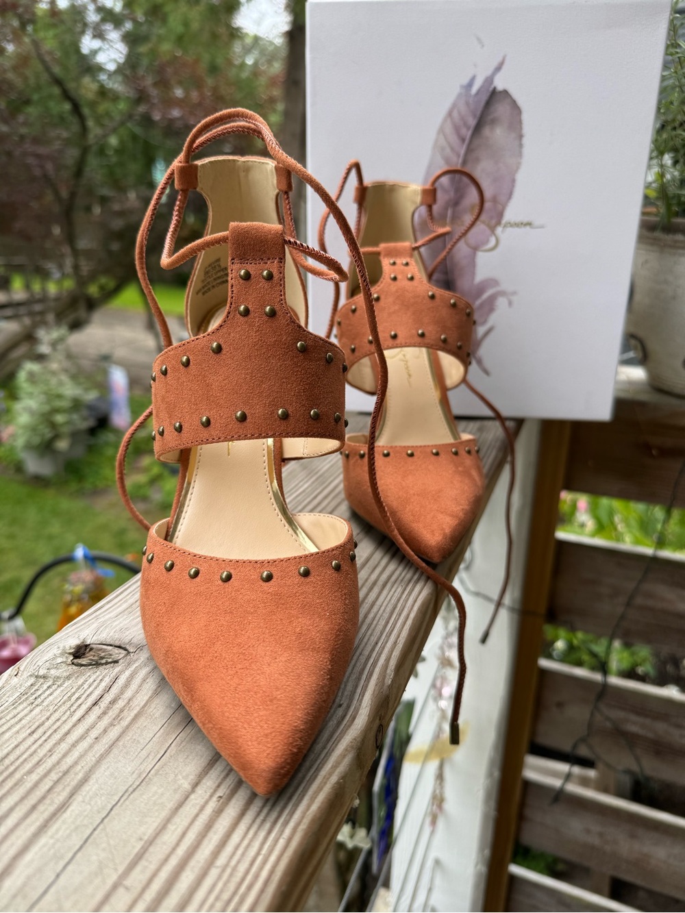 MicroSuede Studded Lace-Up Pointed Toe Heels in Rust Never worn